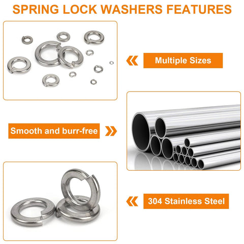 Spring Lock Washer Set SAE Four To Three Quarter Inch 304 Stainless Steel features multiple sizes and smooth edges.