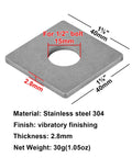 Diagram of a 304 stainless square washer, 41.3x41.3 mm, 2.78 mm thick, for Unistrut channels with a 12.7 mm hole