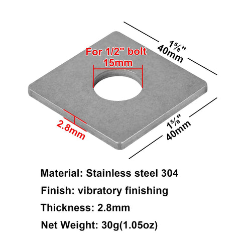 Diagram of a 304 stainless square washer, 41.3x41.3 mm, 2.78 mm thick, for Unistrut channels with a 12.7 mm hole