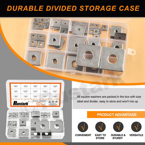 Protect fasteners with even load distribution using this 304 stainless steel square plate washers set, 100 pieces in 15 sizes
