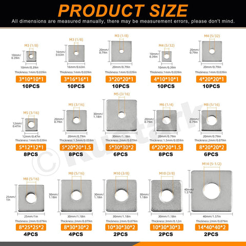 Protect fasteners with even load distribution using this 304 stainless steel square plate washers size chart, 15 sizes, M3 to M14.