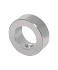 Close-up of 304 stainless steel axle shaft collar with set screw, three-eighths inch bore, part of four-piece kit for gearboxes and more.