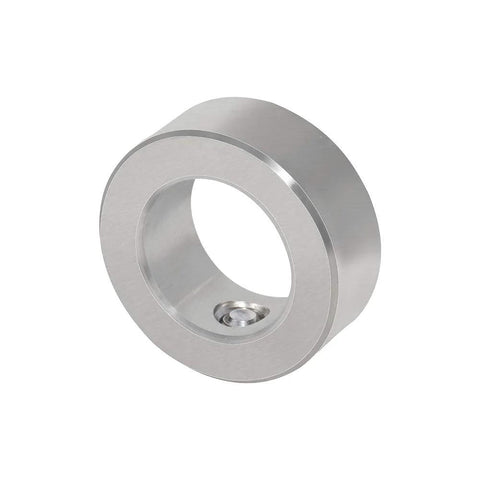 Close-up of 304 stainless steel axle shaft collar with set screw, three-eighths inch bore, part of four-piece kit for gearboxes and more.