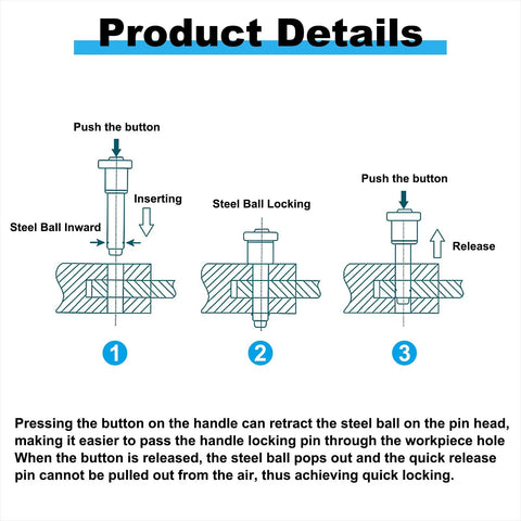 Illustration of how the 1/2 Inch Diameter 304 Stainless Steel Quick Release Pin With 2 Inch Usable Length Push Button Ball Locking Pin functions.