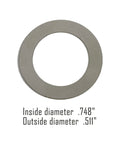 14 Pack Half Inch 28 TPI Barrel Shim Kit for .223 and 5.56 Muzzle Brakes showing single shim dimensions .748" ID, .511" OD