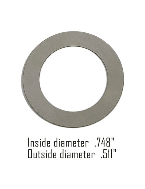 14 Pack Half Inch 28 TPI Barrel Shim Kit for .223 and 5.56 Muzzle Brakes showing single shim dimensions .748" ID, .511" OD