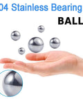 Hand holding various sizes of 304 stainless steel bearing balls with text "304 Stainless Bearing Balls."