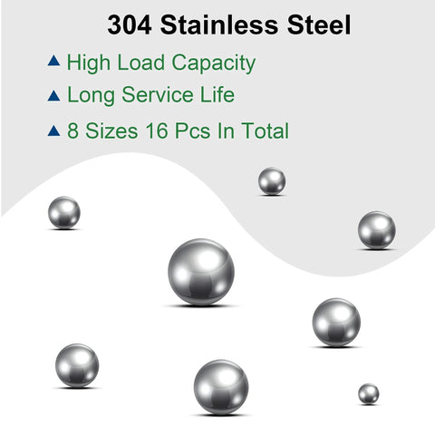 Eight Size Bearing Ball Set 16 Pieces In 304 Stainless Steel With Handy Storage Box For Bearings Gears Hubs And Machinery, Precision Grade And Corrosion Resistant, Ranging From 3/8 Inch To 1 Inch.