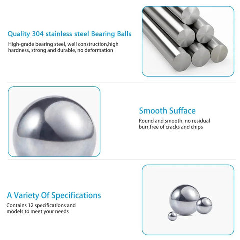 Pro Grade 6mm G25 304 Stainless Steel Bearing Balls Pack Of 200, showcasing quality steel, smooth surface, and variety specifications.