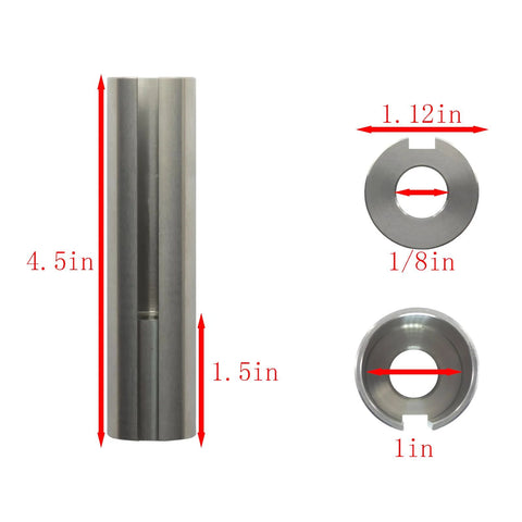 304 Stainless Steel Engine Bearing Sleeve Adapter extends crankshaft diameter from 1 inch to 1-1/8 inch, diagram dimensions shown.