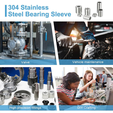 Various industrial uses of 304 stainless steel bearing sleeve including valves, vehicle maintenance, precision fittings, and DIY crafting.