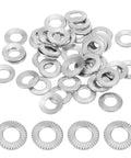 304 Stainless Steel Belleville Washer M5x10mm Conical Knurled Pack Of 50, shown in assorted angles