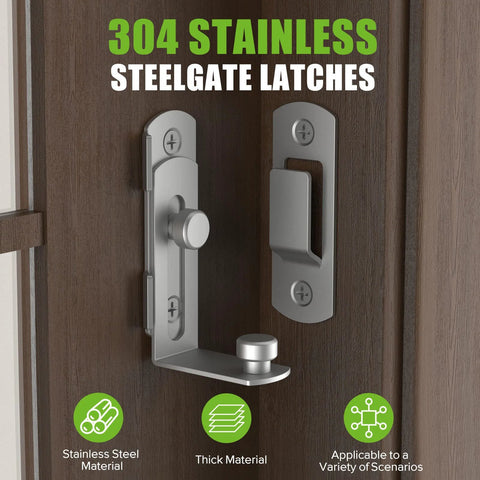 90 Degree Bifold Flip Door Latch In Stainless Steel 304 installed on a wooden door, side view showcasing latch and handle.