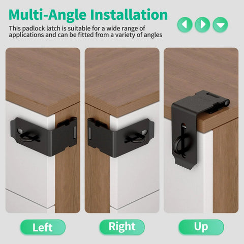 90 Degree Heavy Duty 304 Stainless Steel Padlock Hasp Lock installed on desk drawer in multiple angles for security