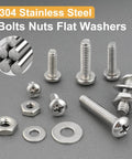 351 Pcs Machine Screws Nuts and Bolts Assortment Kit with #6-32 #8-32 #10-24 Phillips Pan Head 304 Stainless Steel Screws Matching Nuts and Flat Washers Packed in Organized Case. Selection of stainless steel bolts, nuts and flat washers.