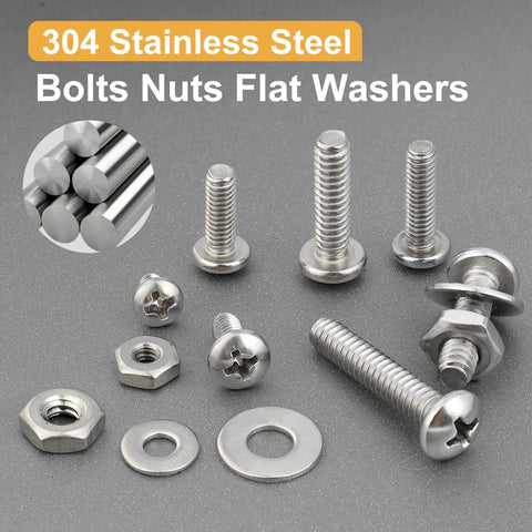 351 Pcs Machine Screws Nuts and Bolts Assortment Kit with #6-32 #8-32 #10-24 Phillips Pan Head 304 Stainless Steel Screws Matching Nuts and Flat Washers Packed in Organized Case. Selection of stainless steel bolts, nuts and flat washers.