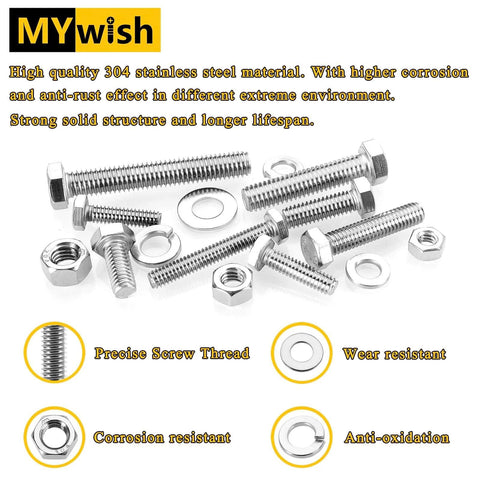 254 Piece 304 Stainless Steel Nuts and Bolts Kit With Flat Spring Washers Ten Common Sizes Fully Threaded display