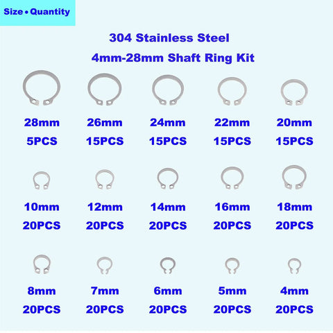 265 Piece Metric Stainless Steel C Clips External Retaining Ring Assortment Kit Includes 15 Sizes With Nominal Diameters 4Mm Through 20Mm For Quick On Hand Fixes Circlips Retaining Rings Automotive Plumbing Machinery Repairs HVAZI display