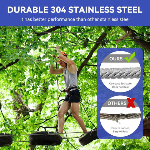 Person using 1/4" Stainless Steel Cable,7x19 Strand Aircraft Wire Rope for outdoor pulley cables in forest setting with durability comparison.