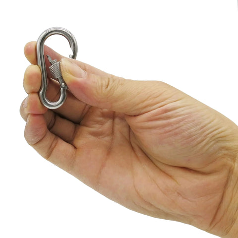Hand holding 304 Stainless Steel Carabiner 2 Inch M5 Screw Lock Heavy Duty Rustproof Clip for Gym and Outdoor Use