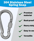 304 Stainless Steel Carabiners 2 Inch M5 Screw Lock Heavy Duty Rustproof Clips with features listed: premium, rust-proof, heavy-duty