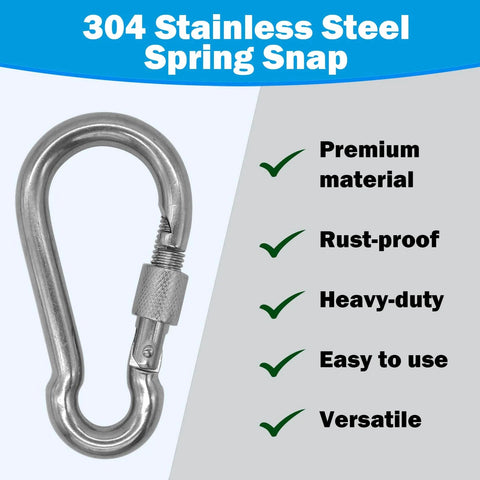304 Stainless Steel Carabiners 2 Inch M5 Screw Lock Heavy Duty Rustproof Clips with features listed: premium, rust-proof, heavy-duty