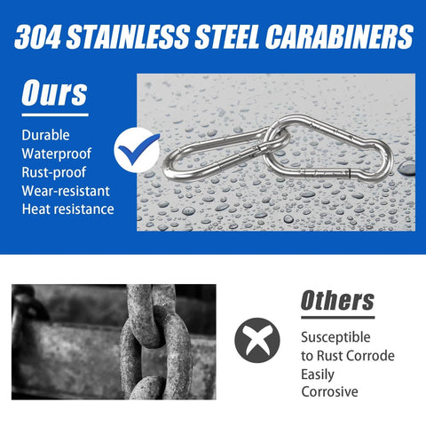 304 stainless steel carabiners comparison showing durability, waterproof, rust-proof features vs. corroded metal alternative.