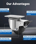 304 stainless steel heavy duty caster wheels with 2.5 inch swivel plate design, close-up of locking mechanism and features.