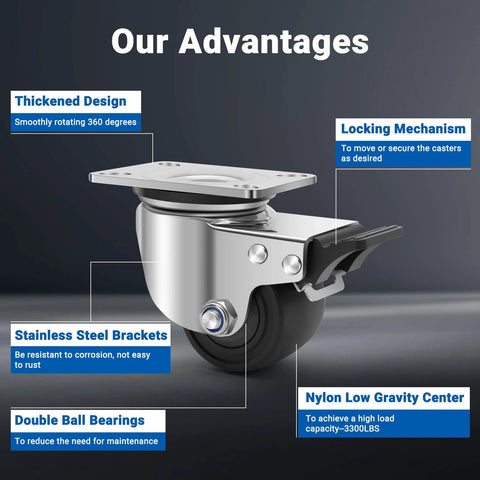 304 stainless steel heavy duty caster wheels with 2.5 inch swivel plate design, close-up of locking mechanism and features.