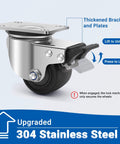 304 stainless steel heavy duty caster wheels with 2.5 inch swivel plate design, showing brake mechanism and thickened brackets.