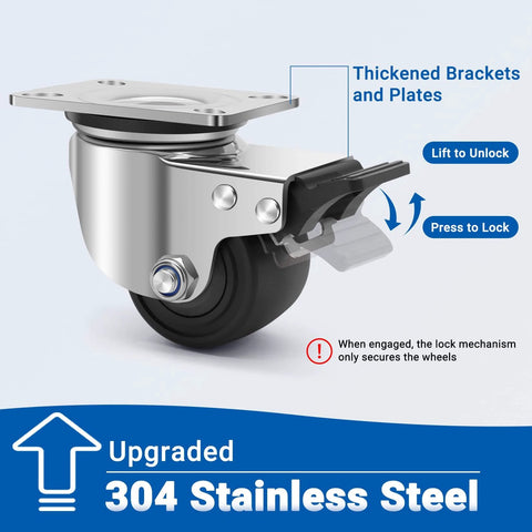 304 stainless steel heavy duty caster wheels with 2.5 inch swivel plate design, showing brake mechanism and thickened brackets.