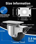 304 stainless steel heavy duty caster wheels with 2.5 inch swivel plate design, size dimensions and load capacity illustration.