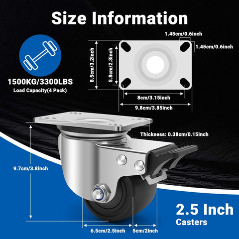 304 stainless steel heavy duty caster wheels with 2.5 inch swivel plate design, size dimensions and load capacity illustration.