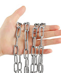 Hand holding ✝️ 49 Feet 1/8 Inch 304 Stainless Steel Link Proof Coil Chain, Light Duty Chain Link Bulk, Metal Chain Links for theft prevention.