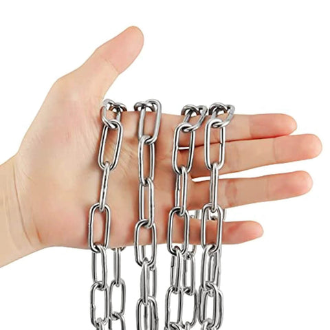 Hand holding ✝️ 49 Feet 1/8 Inch 304 Stainless Steel Link Proof Coil Chain, Light Duty Chain Link Bulk, Metal Chain Links for theft prevention.