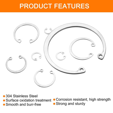 Internal retaining rings (circlips) in 304 stainless steel, silver-tone, varying sizes for grooved shafts.