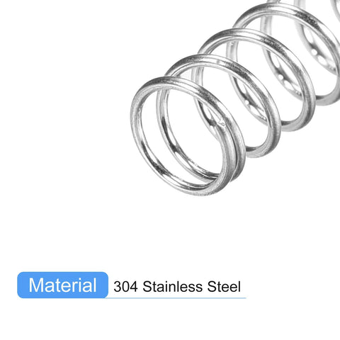 Close-up of a 304 Stainless Steel Compression Spring with 5mm outer diameter, 0.6mm wire, 10mm free length, silver tone, even spacing.
