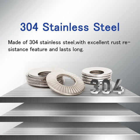 220 Pcs Metric M3 To M10 Stainless Conical Knurled Spring And Belleville Washers made from 304 stainless steel displayed on metal surface