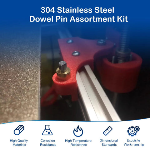 304 Stainless Steel Dowel Pins Set 150Pcs Assortment Kit for DIY projects, showing pin in a metalworking setup