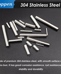 Premium 220 Pieces 304 Stainless Steel Dowel Pin Kit with 22 Sizes M2 M3 M4 M5, cylindrical shelf support pins on black surface.