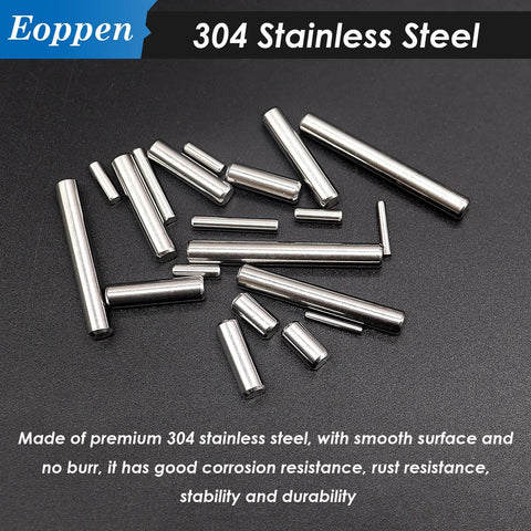 Premium 220 Pieces 304 Stainless Steel Dowel Pin Kit with 22 Sizes M2 M3 M4 M5, cylindrical shelf support pins on black surface.