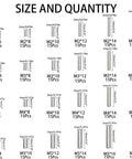 Rock Solid 360 Piece 304 Stainless Steel Dowel Pin Kit With 24 Sizes M2 M3 M4 And M5 size and quantity chart