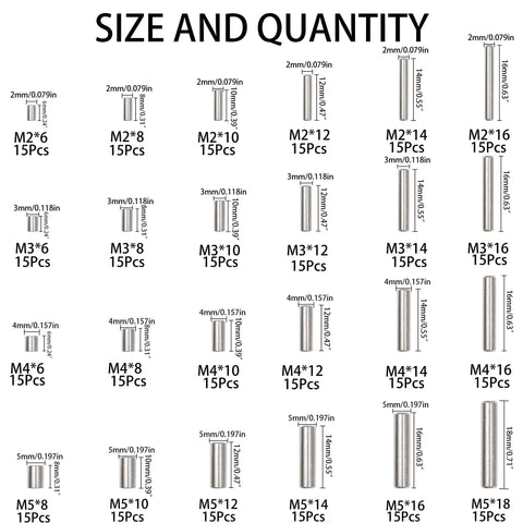 Rock Solid 360 Piece 304 Stainless Steel Dowel Pin Kit With 24 Sizes M2 M3 M4 And M5 size and quantity chart