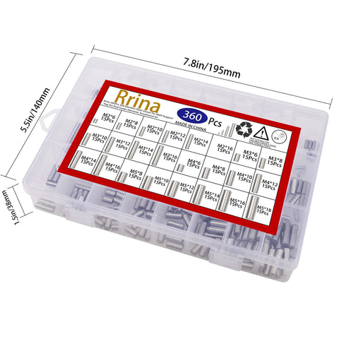 Rock Solid 360 Piece 304 Stainless Steel Dowel Pin Kit With 24 Sizes M2 M3 M4 And M5 displayed in clear storage box