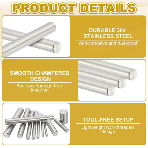 Front view of PATIKIL 4x50mm stainless steel dowel pins, 30 pcs; silver shelf pins with smooth chamfered ends.