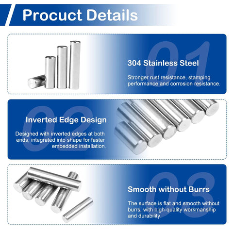 304 Stainless Steel Dowel Pins Set 150Pcs Assortment Kit With 20 Sizes From M2 To M5, corrosion-resistant smooth pins