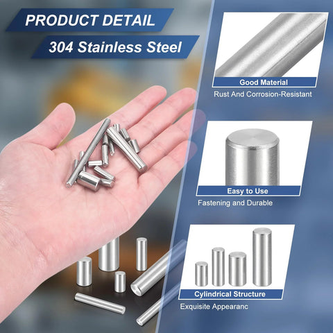 Front view: hand holding 40-piece set of M3×8mm 304 stainless steel cylindrical dowel pins; silver fasteners.