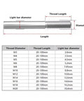 Diagram of 304 Stainless Steel Extension Rods M3-M6 Half Threaded Studs, showing thread length and light bar diameter chart.