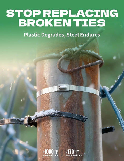Heavy Duty Stainless Steel Fence Ties 11.8 Inch securing a pole, showing durability in winter conditions, with temperature resistance details.