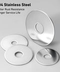 304 stainless steel Fender washers, thickened, 1/4 in ID x 2 in OD; several washers displayed.